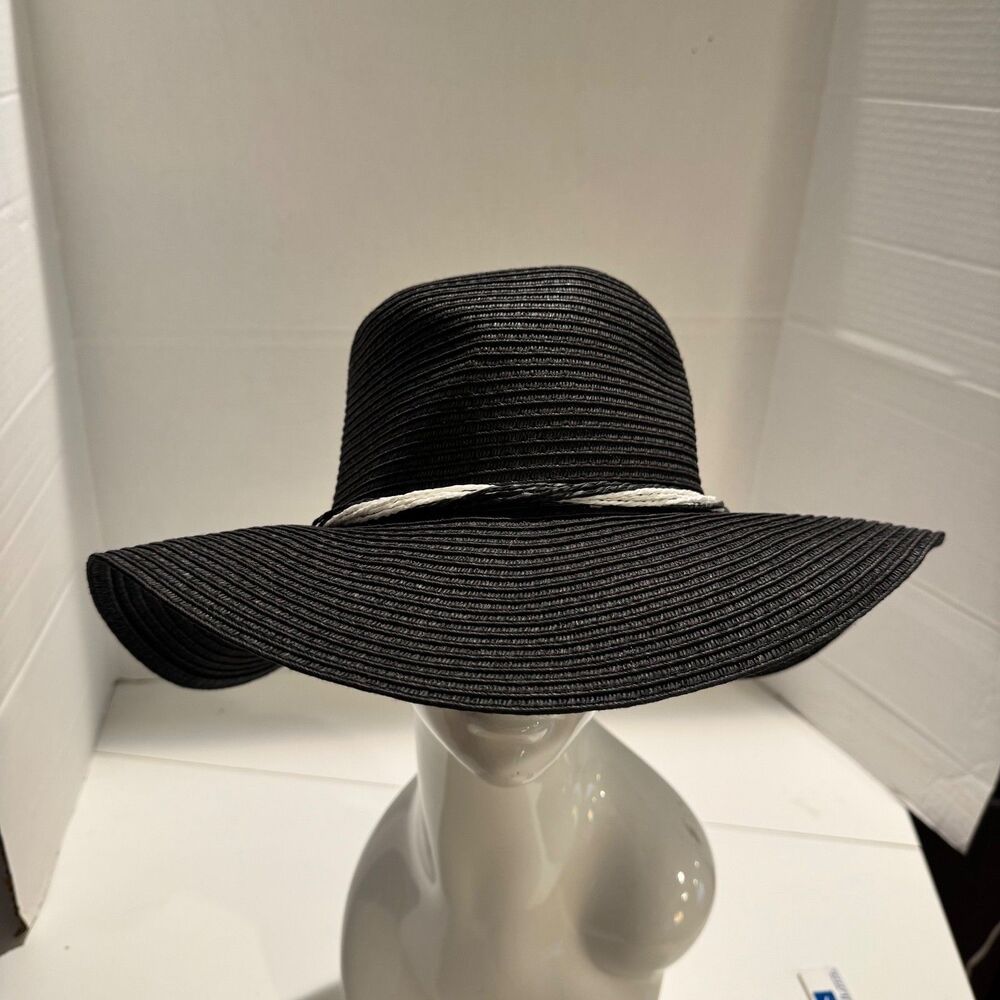 Lucky 7 Floppy Wide Brim Black Straw Hat One Size